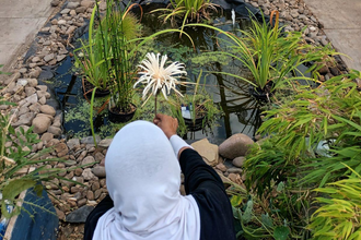 A muslim woman holds a carved flower in a large greenhouse