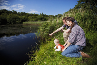 A family watching wildlife on a grass bank next to a river