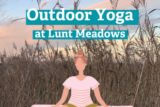 A digital image of a person in a cross legged yoga pose on a mat, in front of reeds at Lunt Meadows