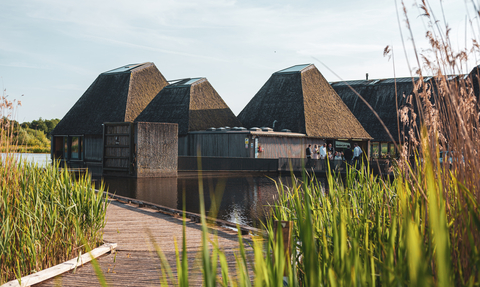 Brockholes floating visitor village with reeds in the foreground