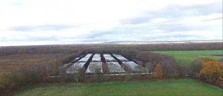 Aerial view of the re-wetted field showing long rectangular compartments holding standing water