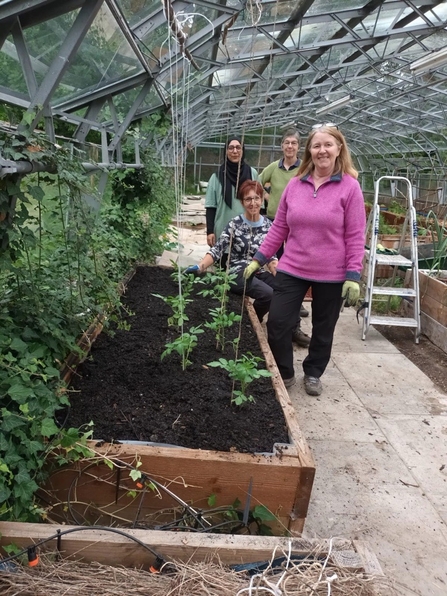 Four women stood next to a planting bed in the greenhouse