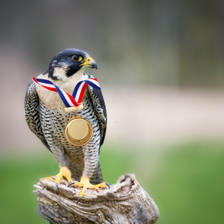 A peregrine falcon sitting on a post with a gold medal photoshopped on it