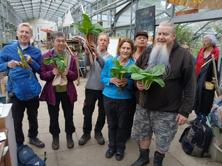 Volunteers holding pak choi