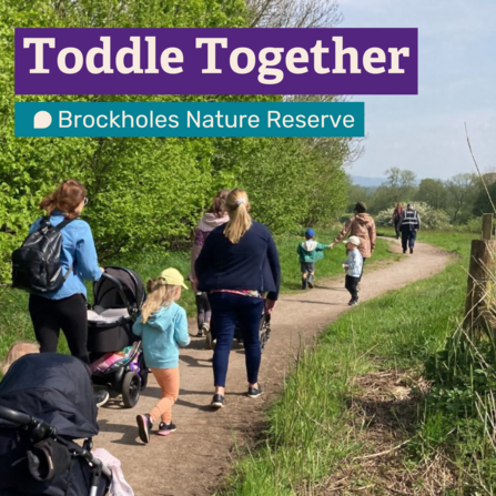 Parents walk along a path at Brockholes with their young children