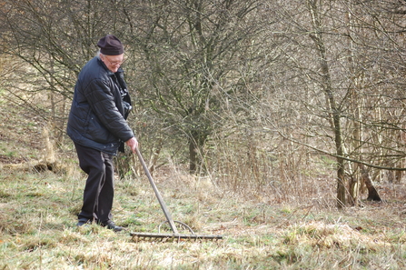 John  Anderton raking an area of grassland