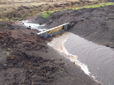 Plastic and wooden weir holding water back on a peatland