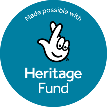 the national lottery heritage fund logo of a hand crossing fingers on a blue circular background. The text on the image says 'Made possible with Heritage Fund'