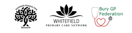 Logos for Prestwich and Whitefield primary care network and Bury GP Federation