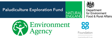 Paludiculture Exploration Fund, Natural England, Defra, Environment Agency and Co-op Foundation logos