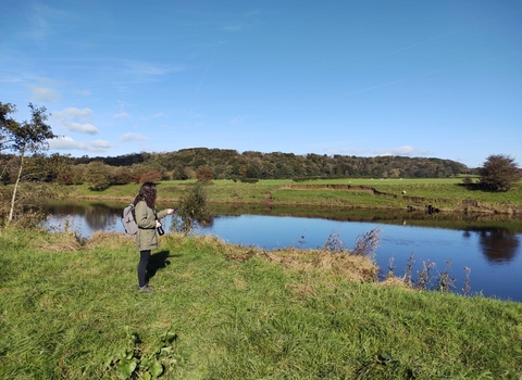 Laura at brockholes using her phone to detect bird sounds